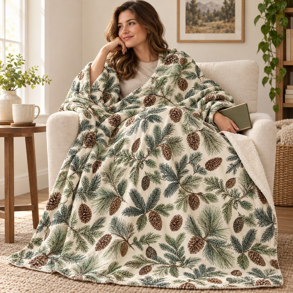 Cream Pinecones blanket, wrapped around a reader