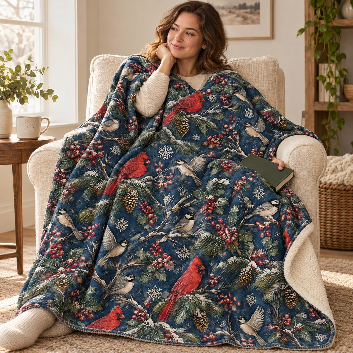 Winter Bird Toile blanket, wrapped around a reader