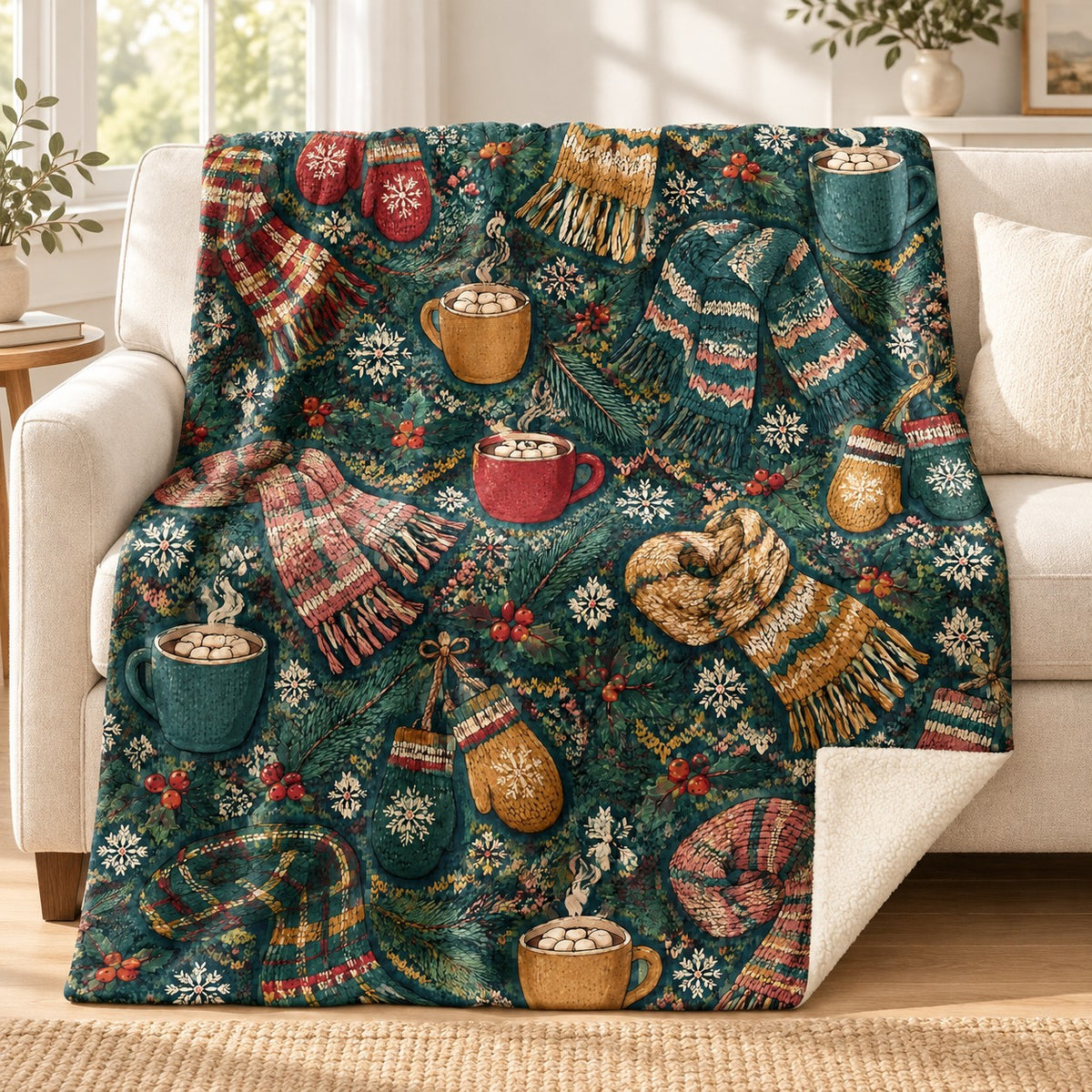 Mittens and Cocoa blanket, on a sofa