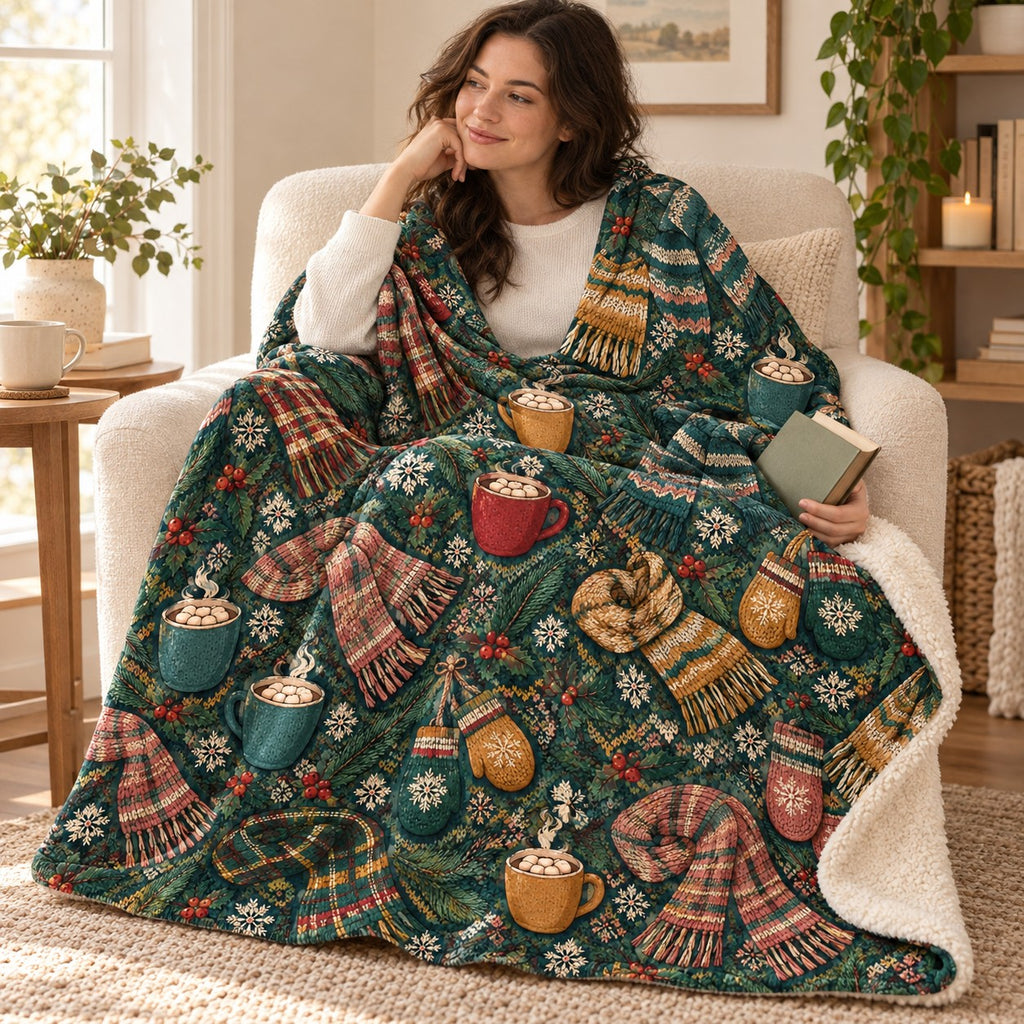 Mittens and Cocoa blanket, wrapped around a reader
