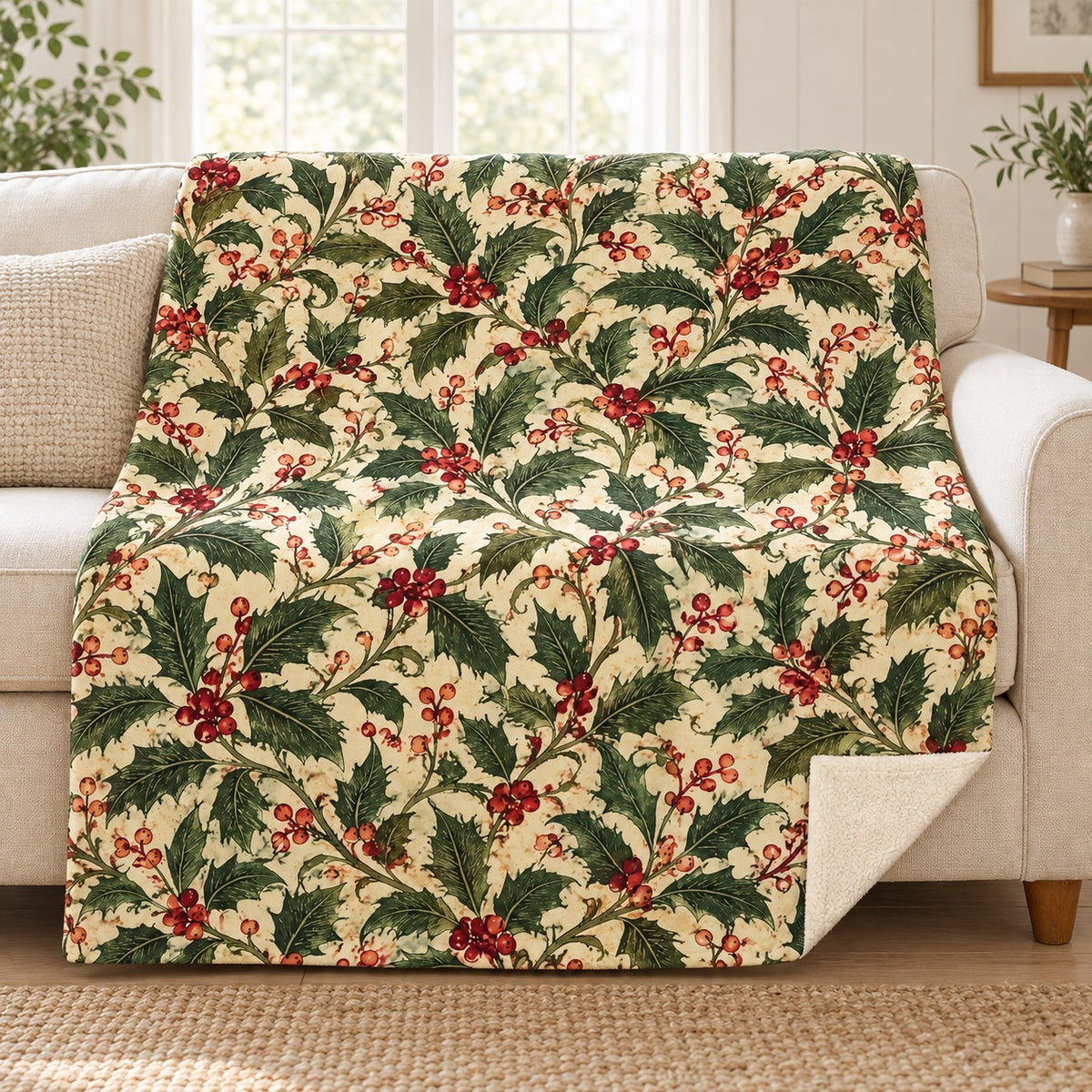 Holly and Berries blanket, on a sofa
