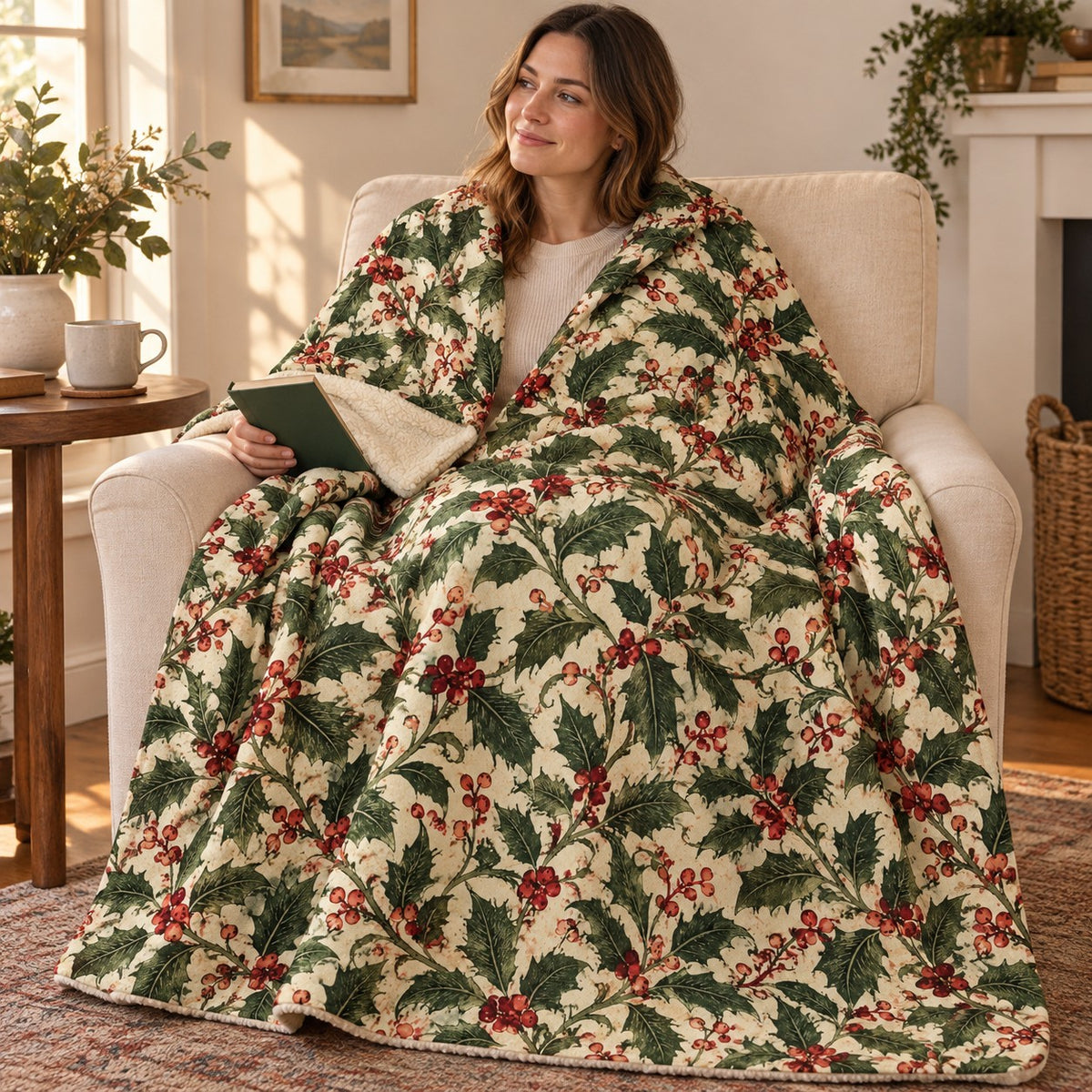 Holly and Berries blanket, wrapped around a reader