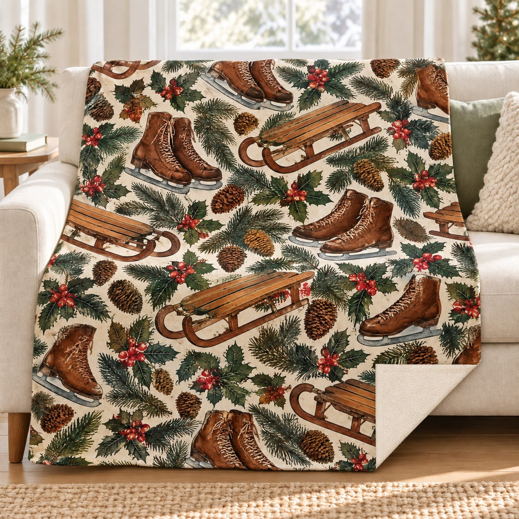 Skates and Sleds blanket, on a sofa