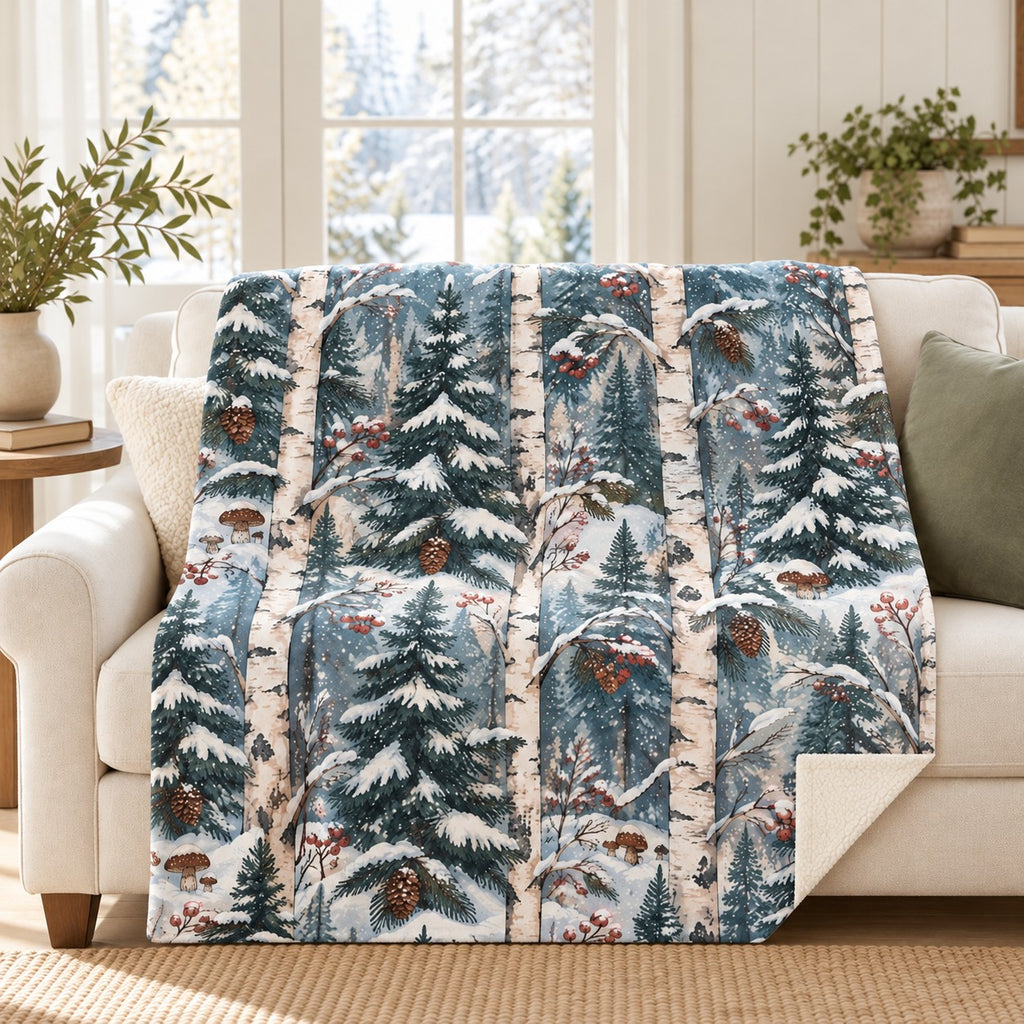 Snowy Birch Pattern blanket, on a sofa