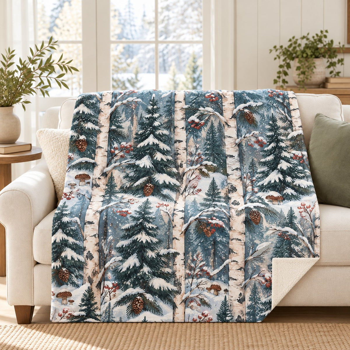 Snowy Birch Pattern blanket, on a sofa