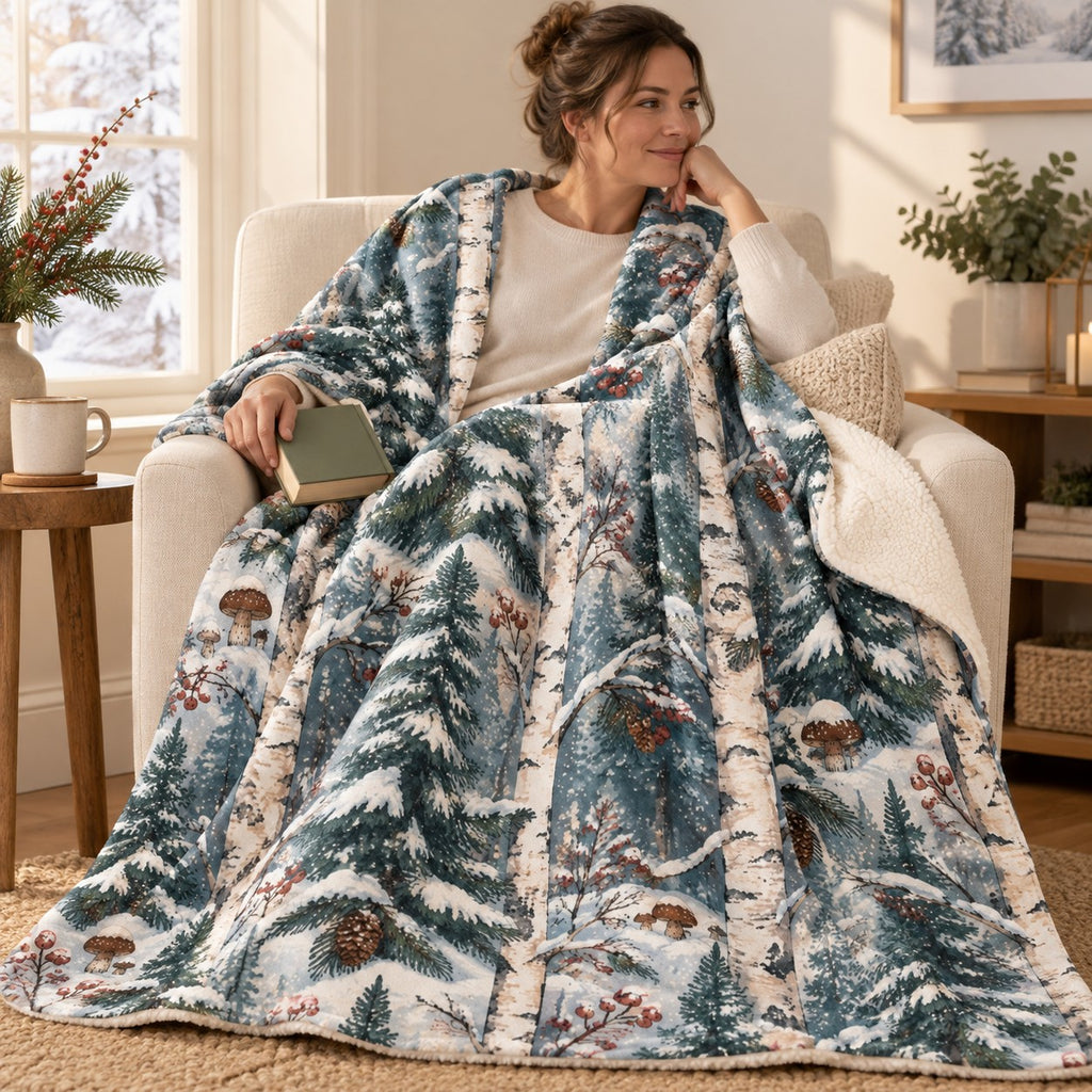 Snowy Birch Pattern blanket, wrapped around a reader