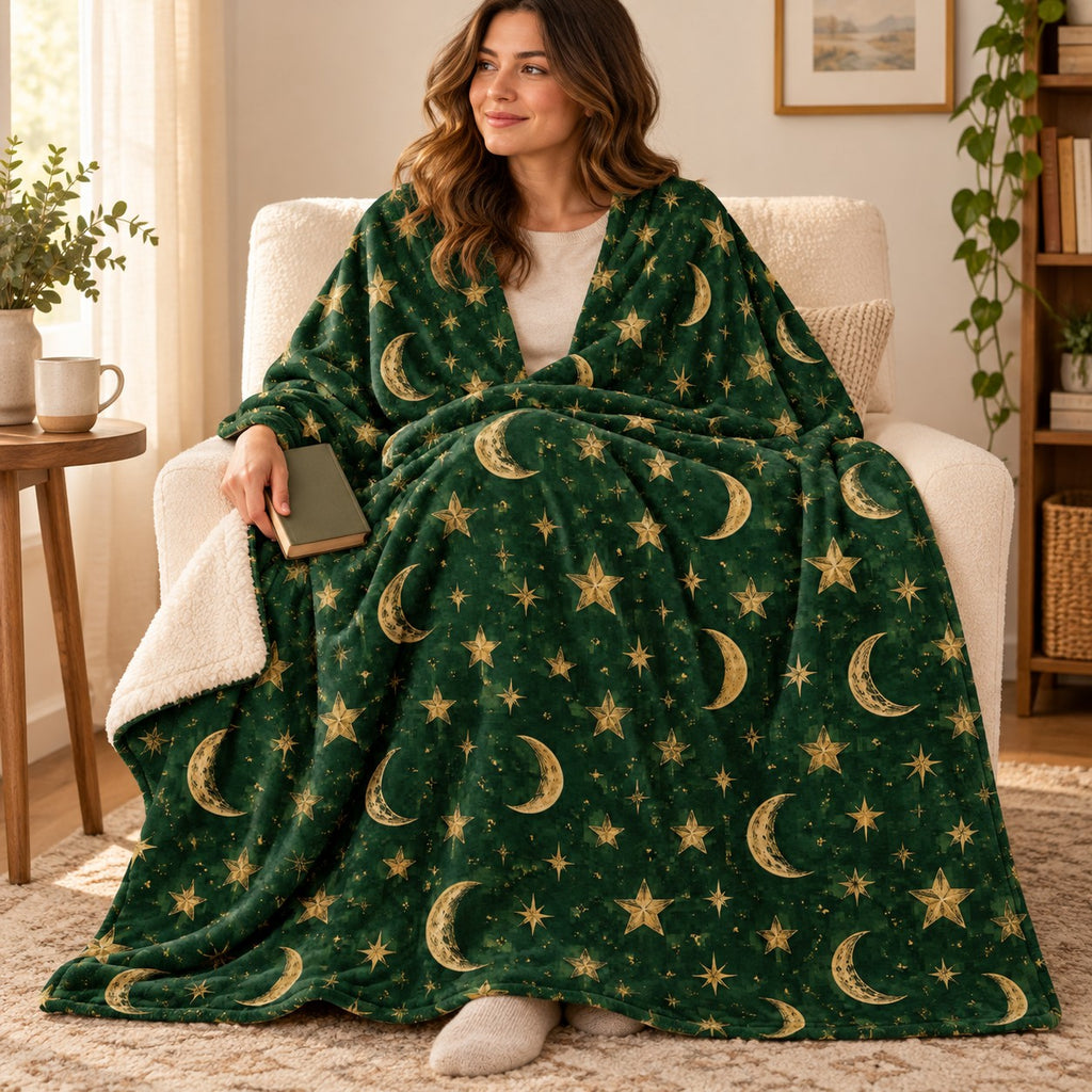 Golden Winter Sky blanket, wrapped around a reader