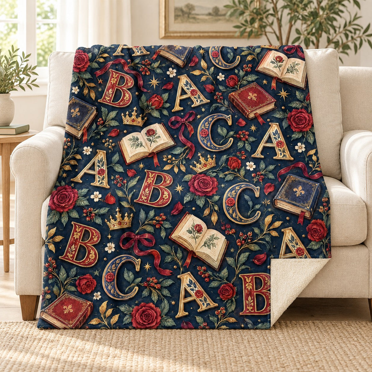 Storybook Letters blanket, on a sofa