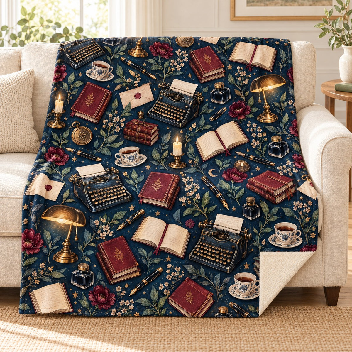 The Midnight Manuscript blanket, on a sofa