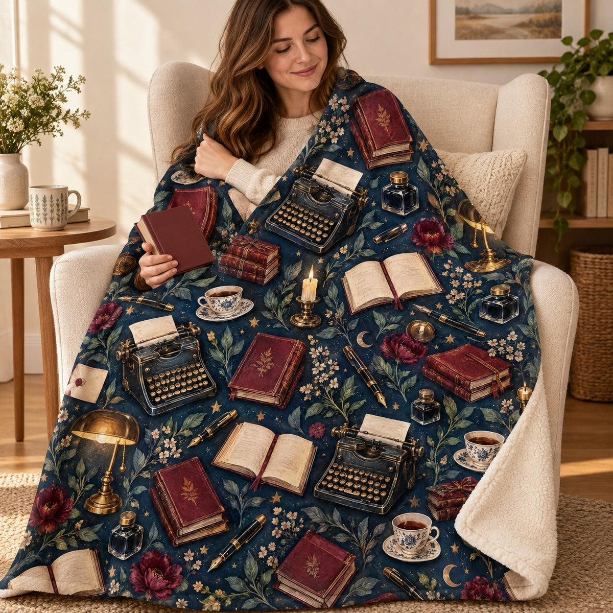 The Midnight Manuscript blanket, wrapped around a reader