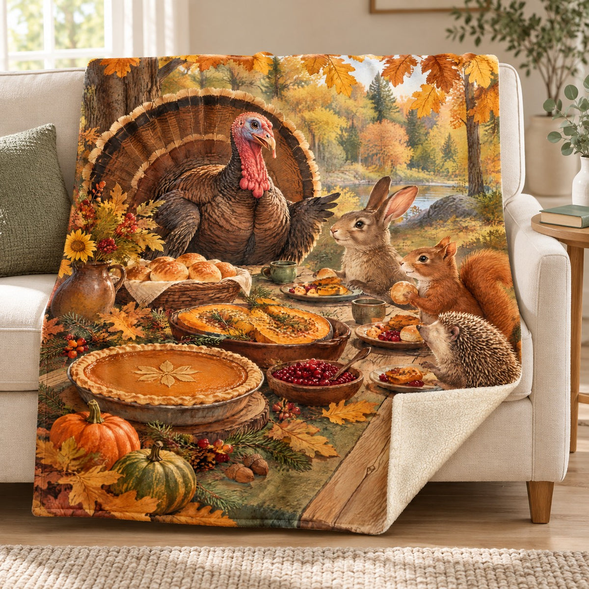 Forest Table Feast blanket, on a sofa