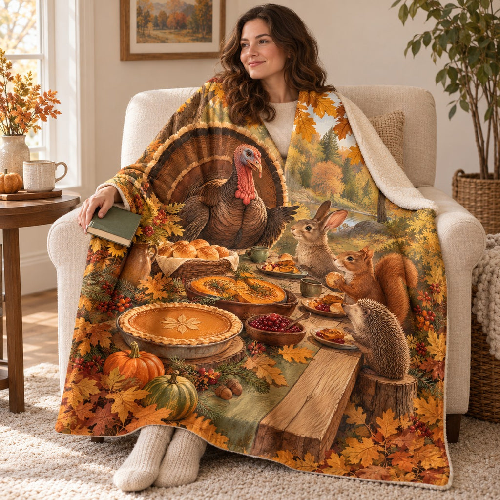 Forest Table Feast blanket, wrapped around a reader