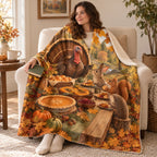 Forest Table Feast blanket, wrapped around a reader