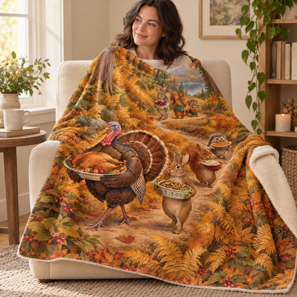 Potluck Procession blanket, wrapped around a reader
