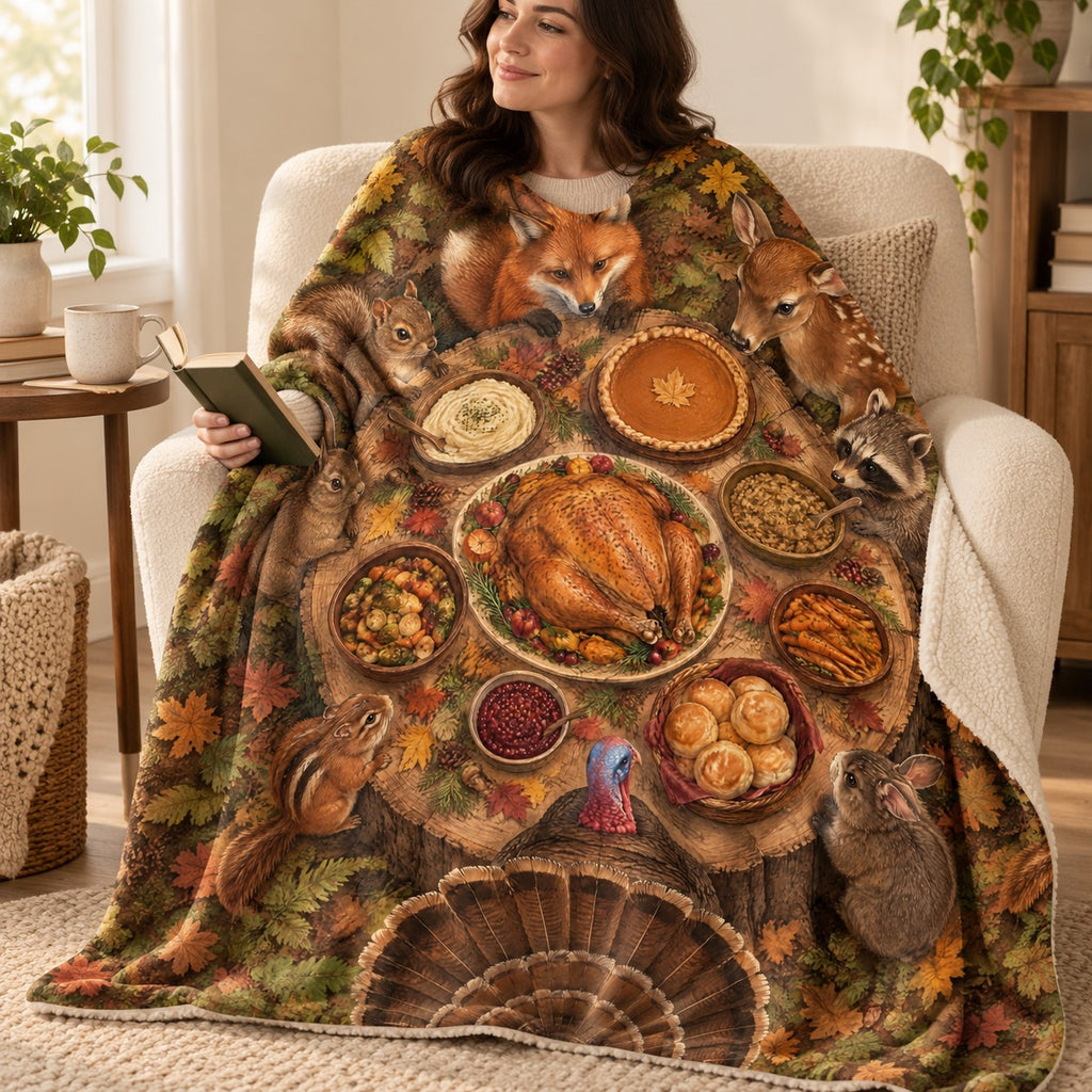 Stump Table Overhead blanket, wrapped around a reader