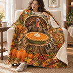 The Great Pumpkin Pie blanket, wrapped around a reader