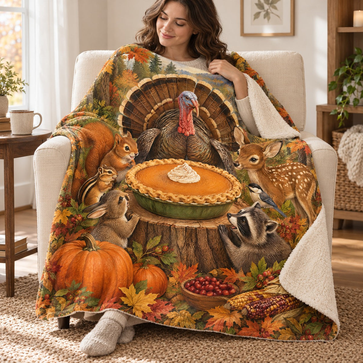 The Great Pumpkin Pie blanket, wrapped around a reader