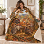 Oak Orchard Supper blanket, wrapped around a reader