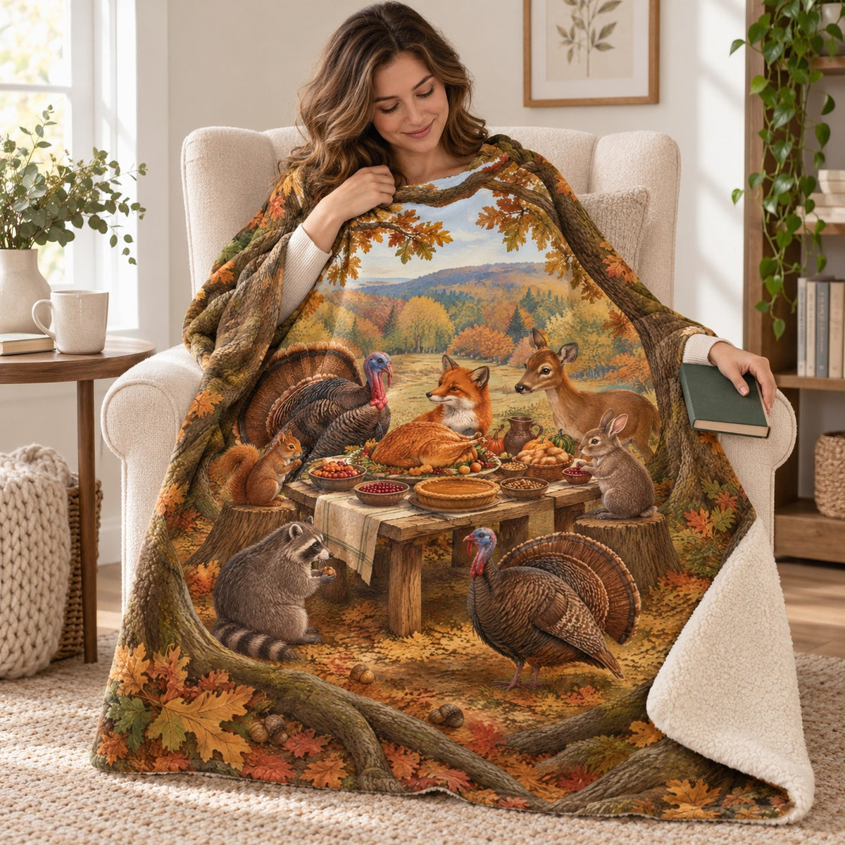 Oak Orchard Supper blanket, wrapped around a reader