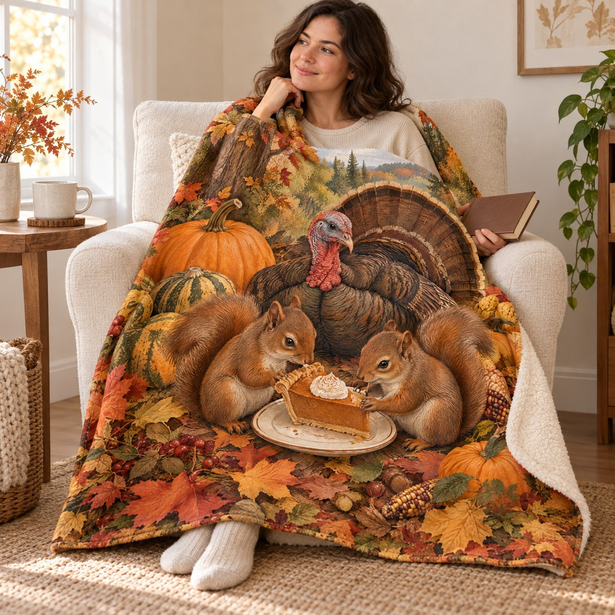 The Last Slice blanket, wrapped around a reader