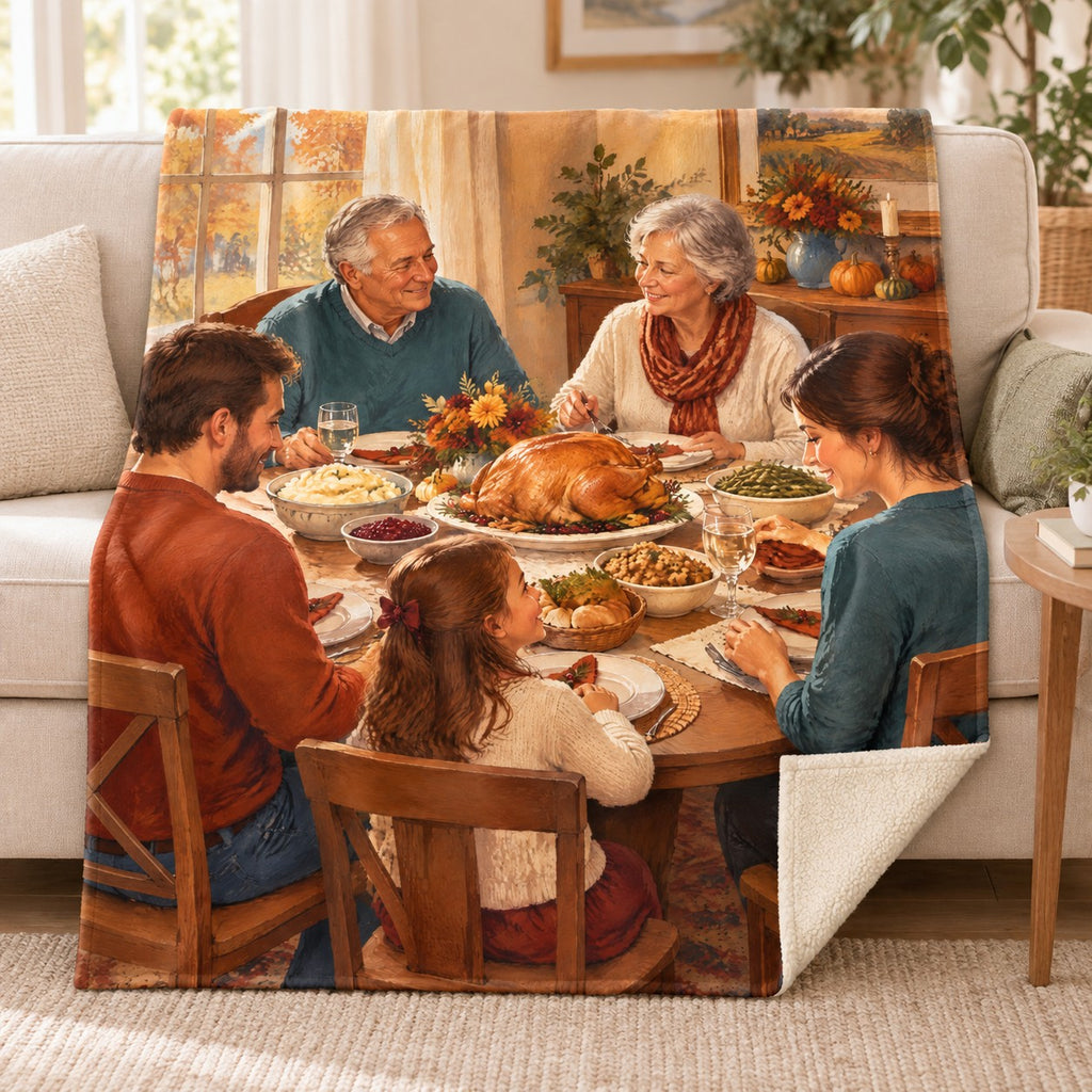 Three Generations blanket, on a sofa