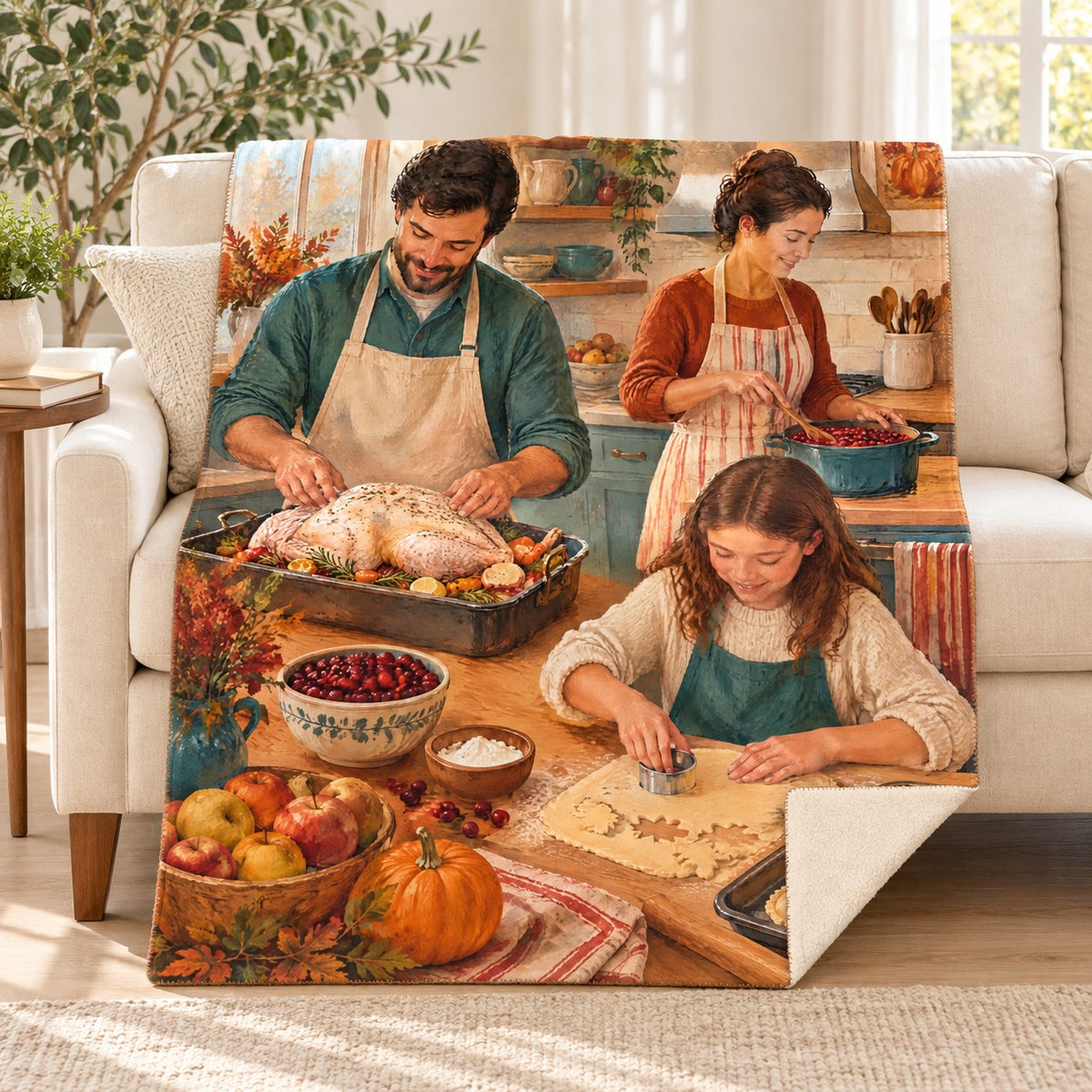 Kitchen Collaboration blanket, on a sofa