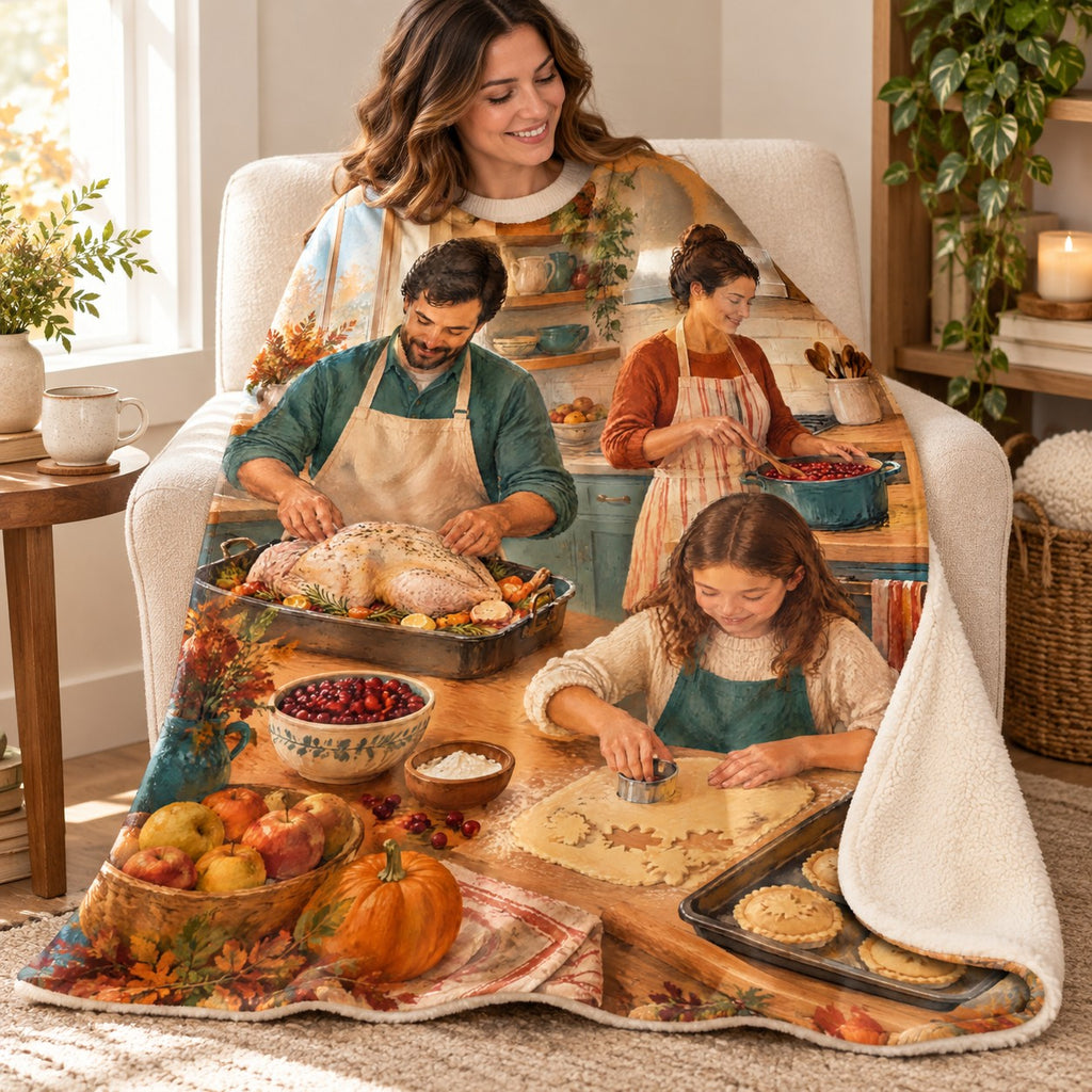 Kitchen Collaboration blanket, wrapped around a reader