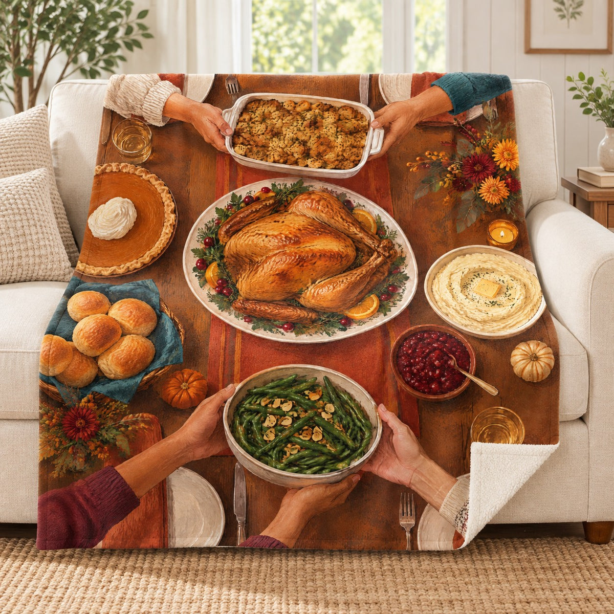 Overhead Family Feast blanket, on a sofa