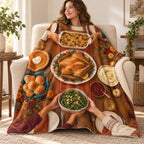 Overhead Family Feast blanket, wrapped around a reader