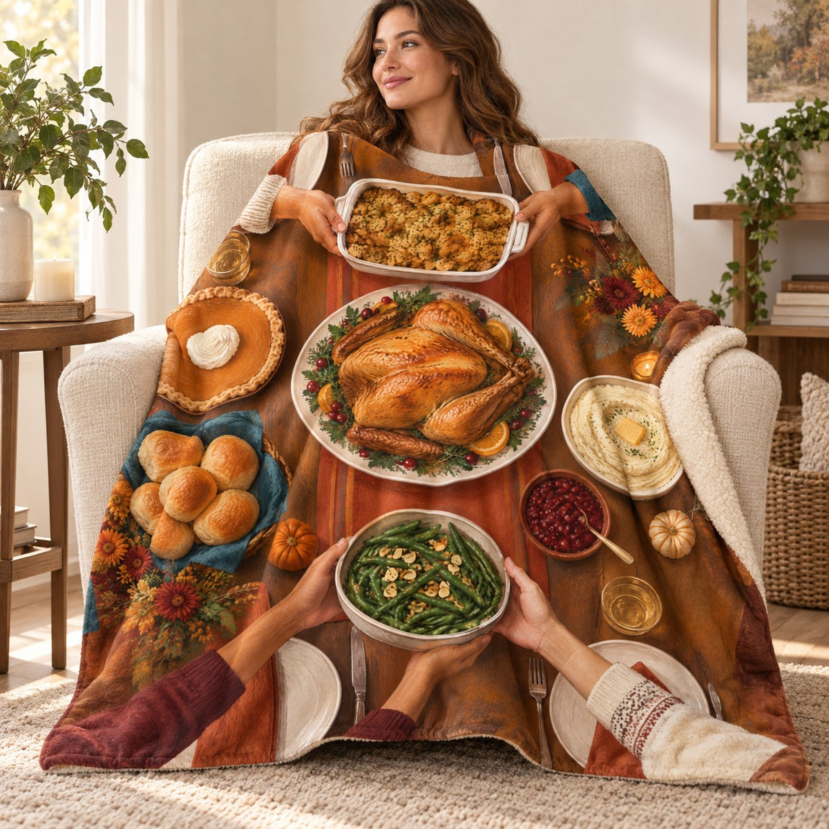 Overhead Family Feast blanket, wrapped around a reader