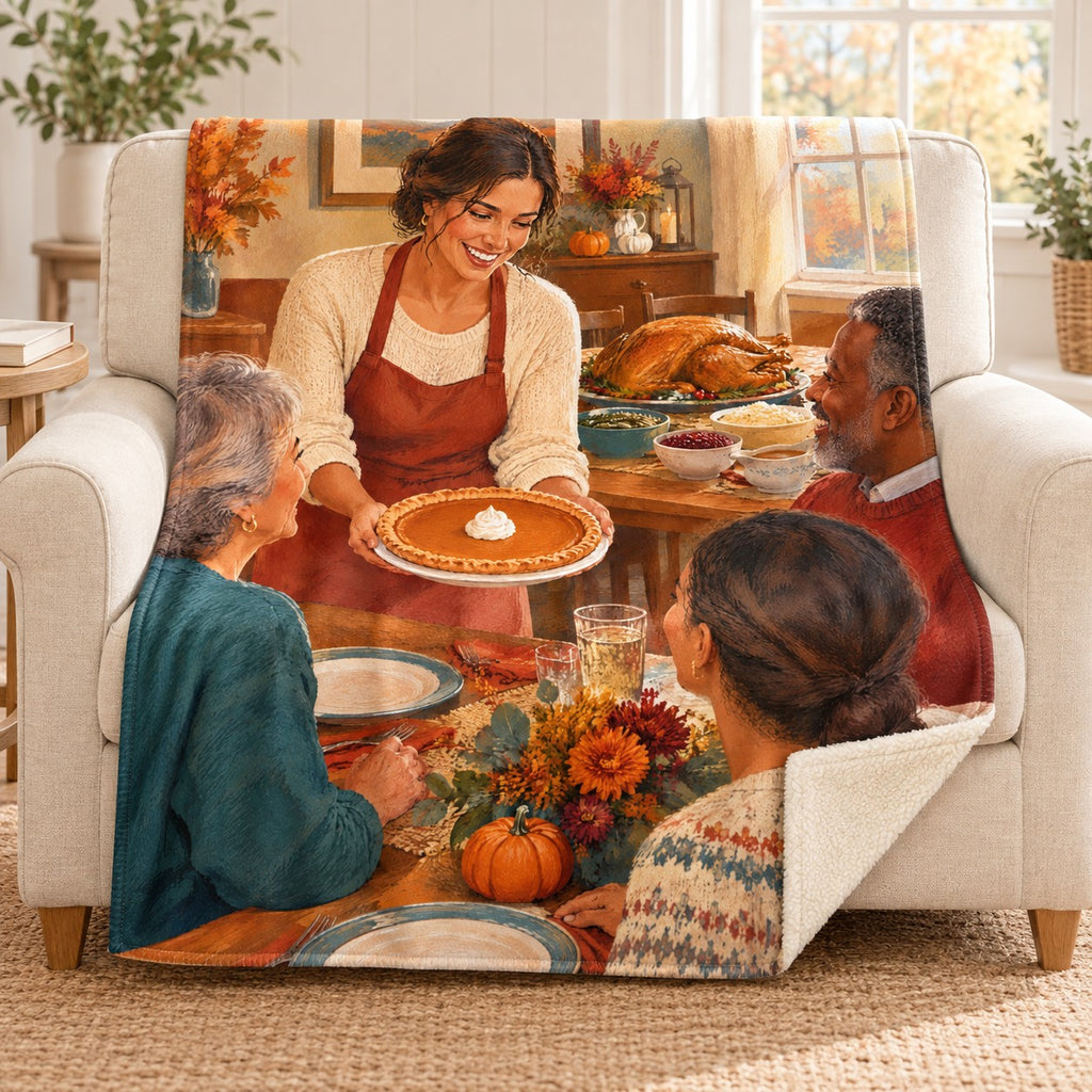 Presenting the Pie blanket, on a sofa