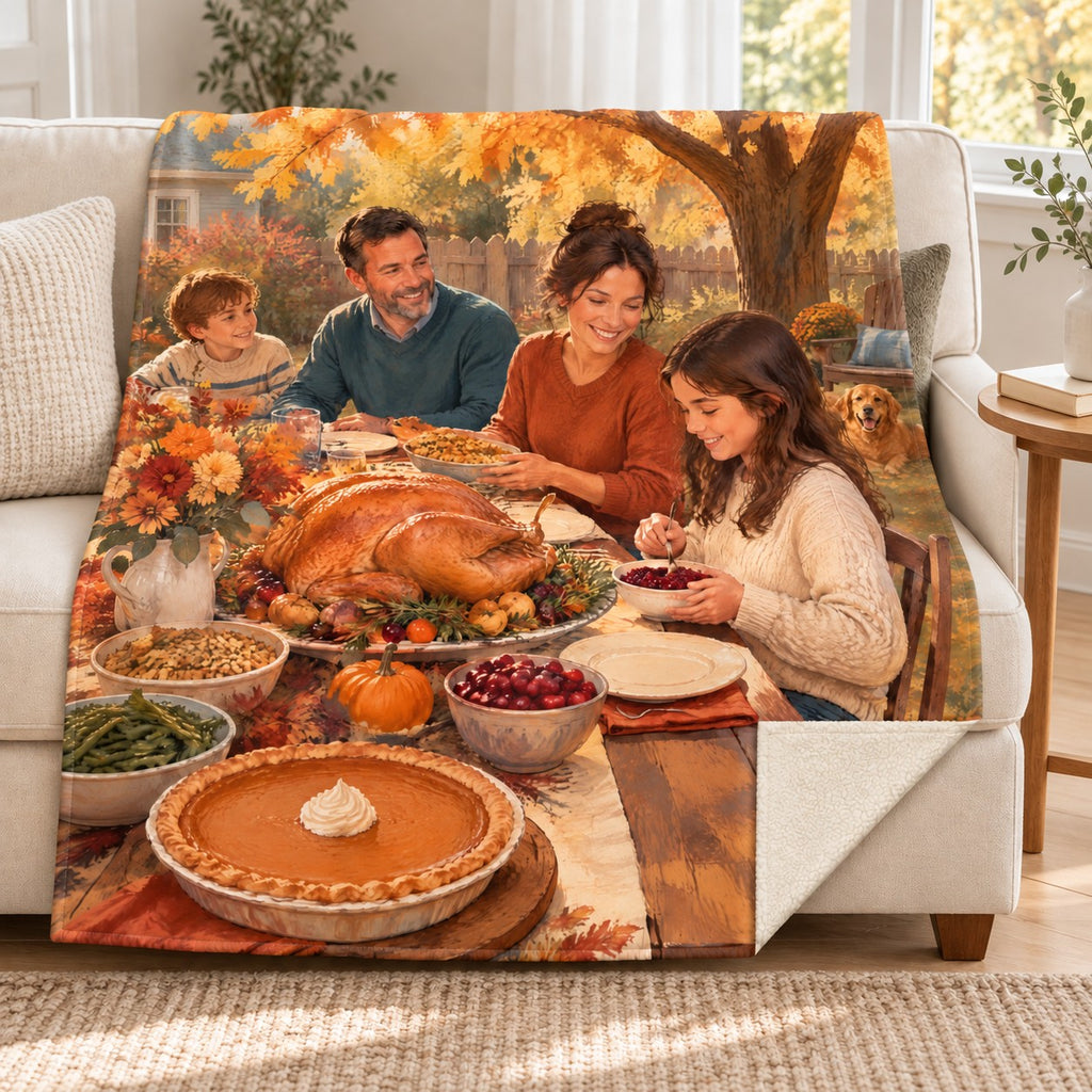 Backyard Golden Tree blanket, on a sofa