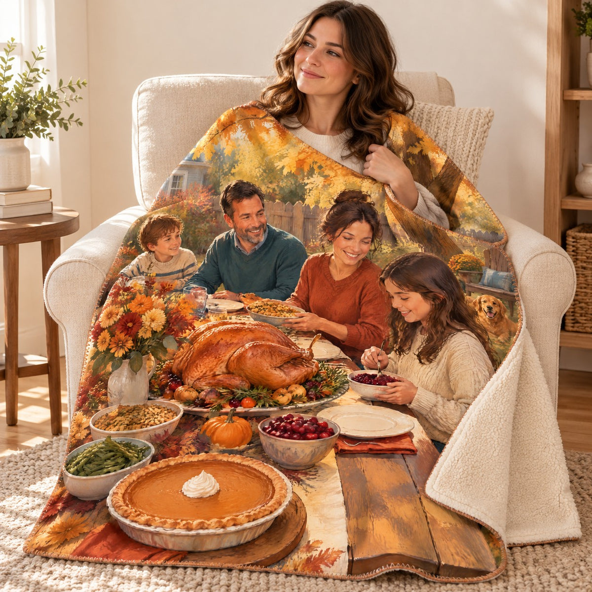 Backyard Golden Tree blanket, wrapped around a reader