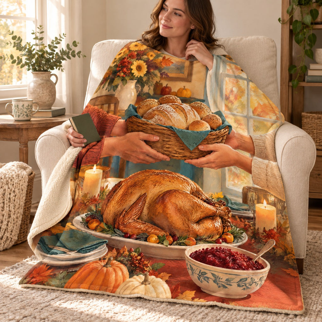 Passing the Bread Basket blanket, wrapped around a reader