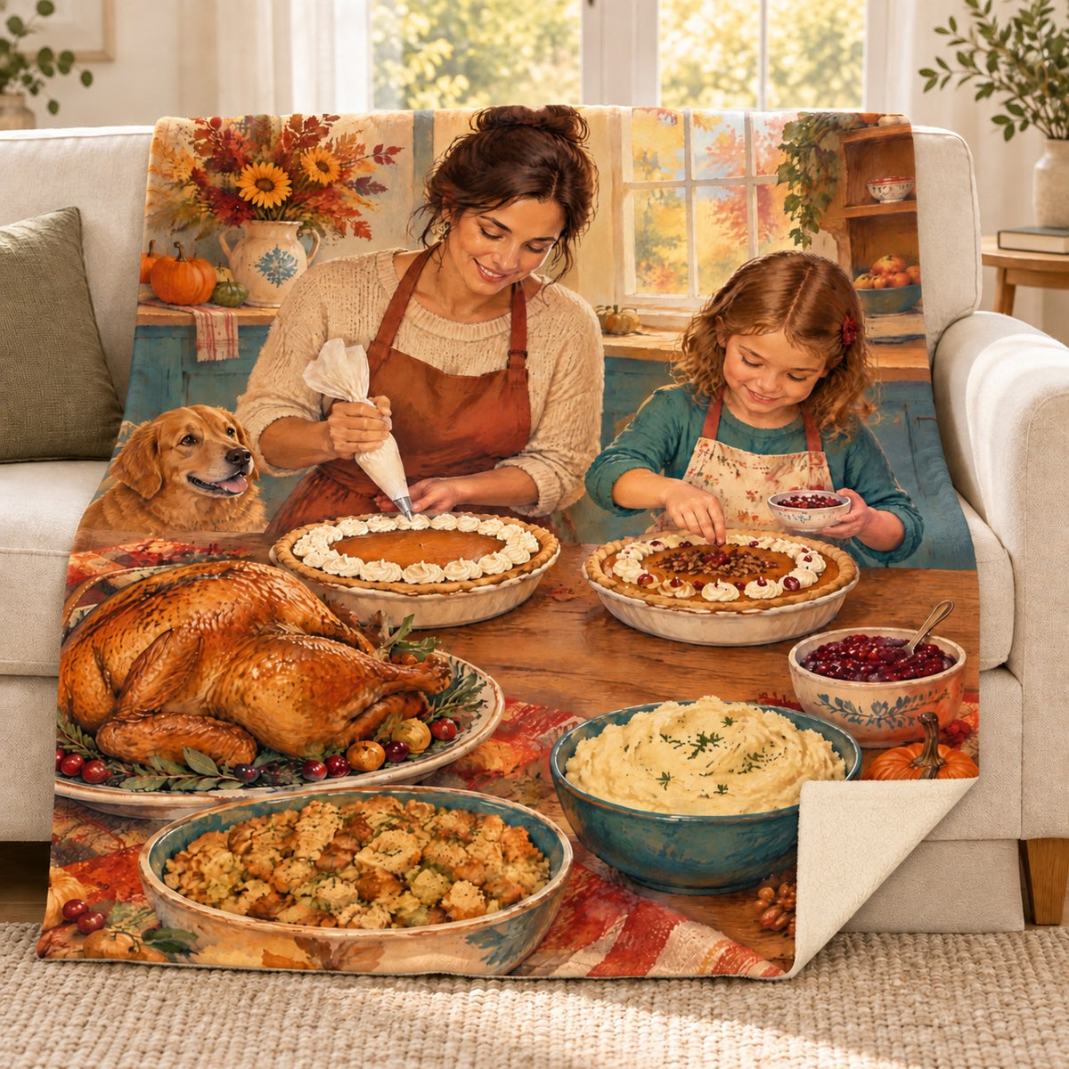 Decorating Pies Together blanket, on a sofa