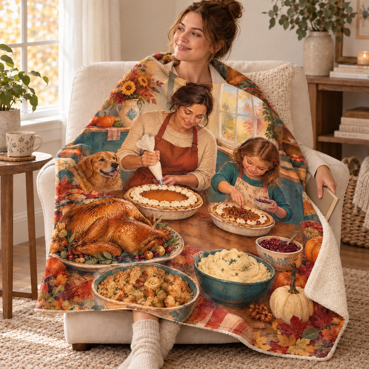 Decorating Pies Together blanket, wrapped around a reader