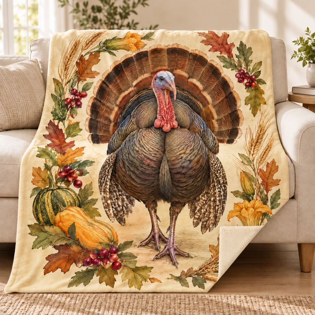 Frontal Turkey Fan blanket, on a sofa