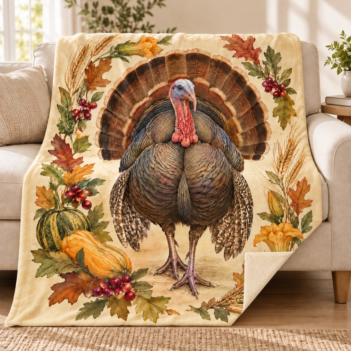 Frontal Turkey Fan blanket, on a sofa