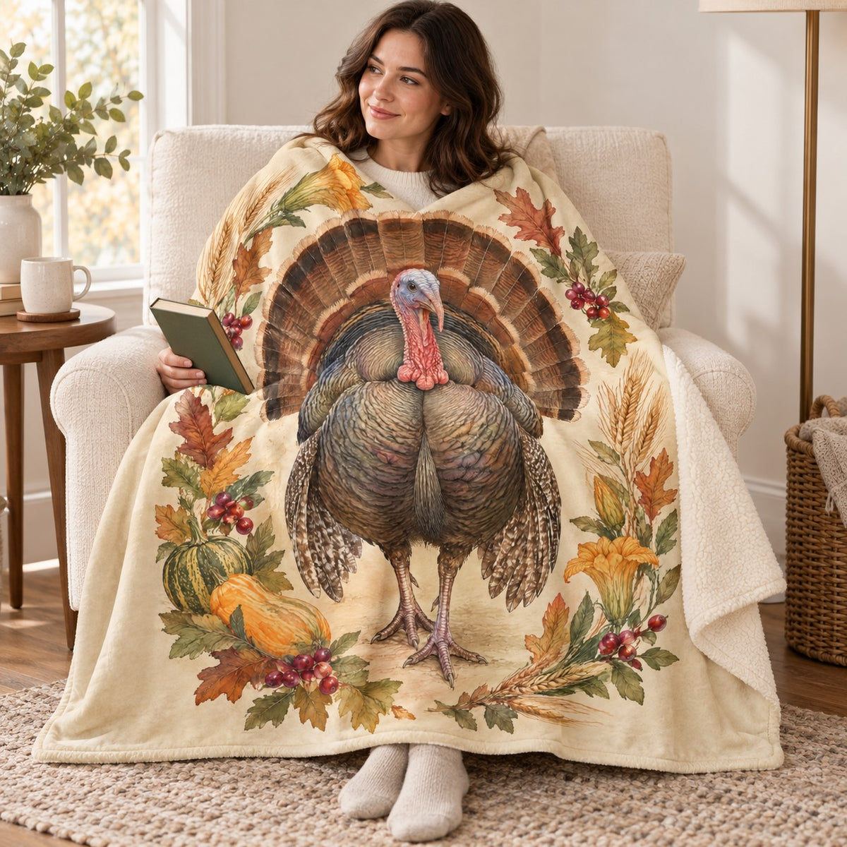 Frontal Turkey Fan blanket, wrapped around a reader