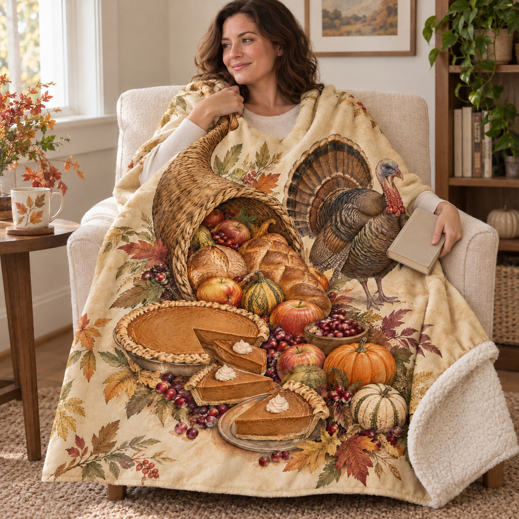 Cascading Cornucopia blanket, wrapped around a reader