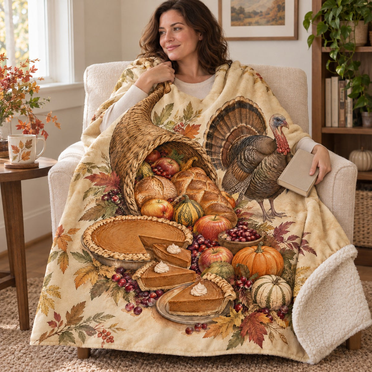 Cascading Cornucopia blanket, wrapped around a reader