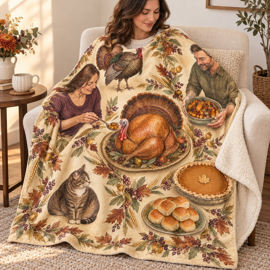 Botanical Garland Platter blanket, wrapped around a reader