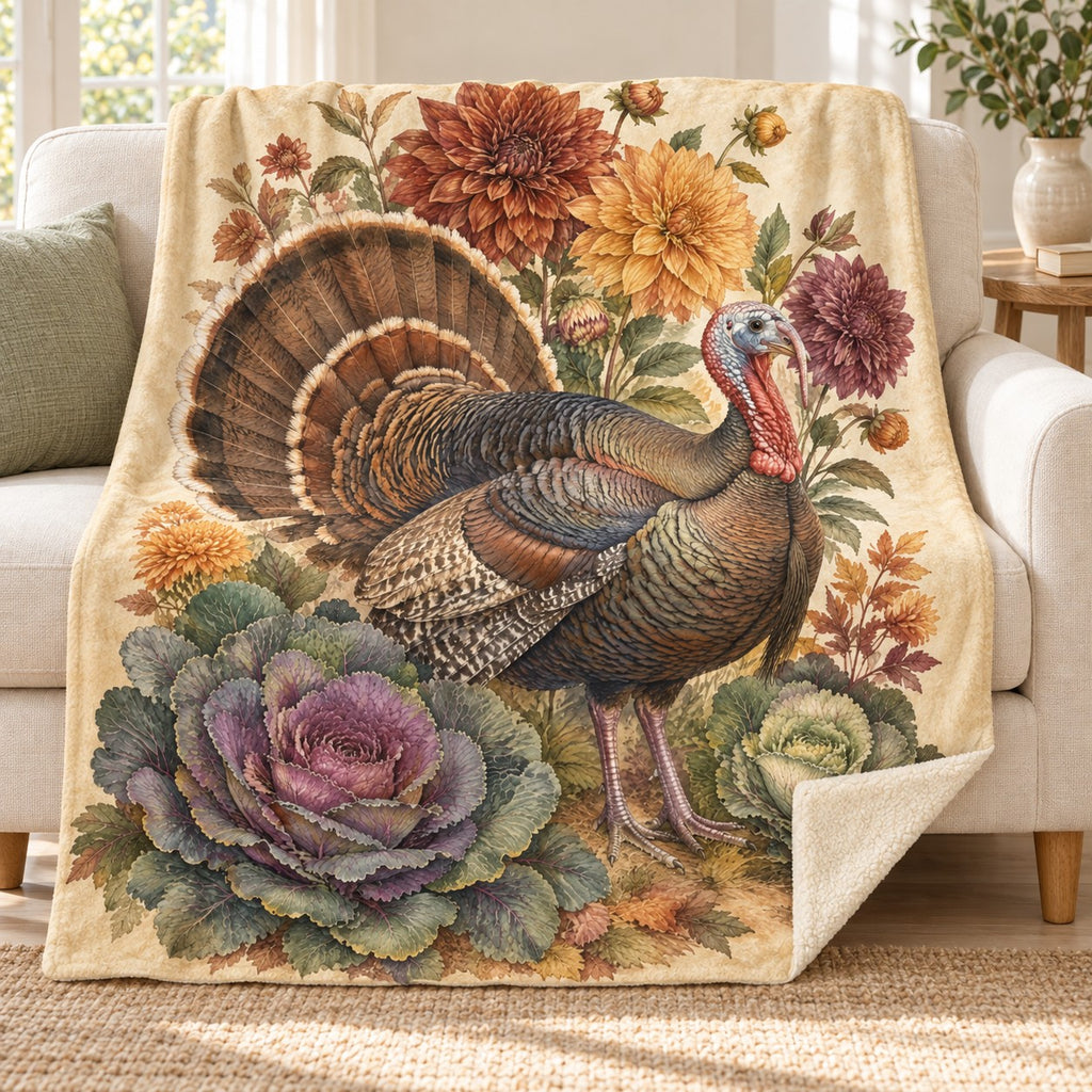 Dahlias and Cabbage blanket, on a sofa