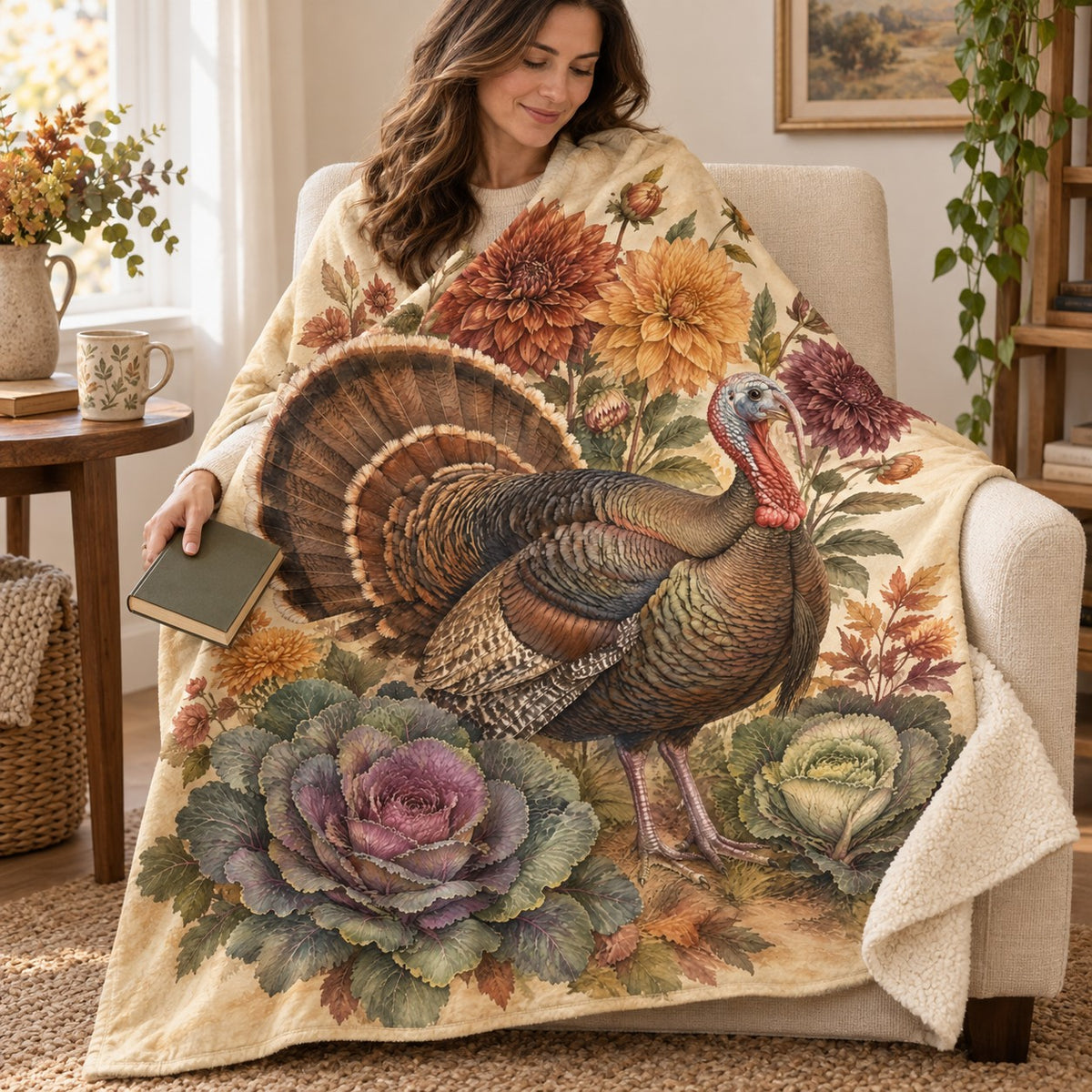 Dahlias and Cabbage blanket, wrapped around a reader