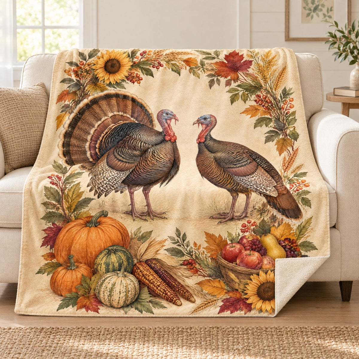 Two Turkeys Facing blanket, on a sofa