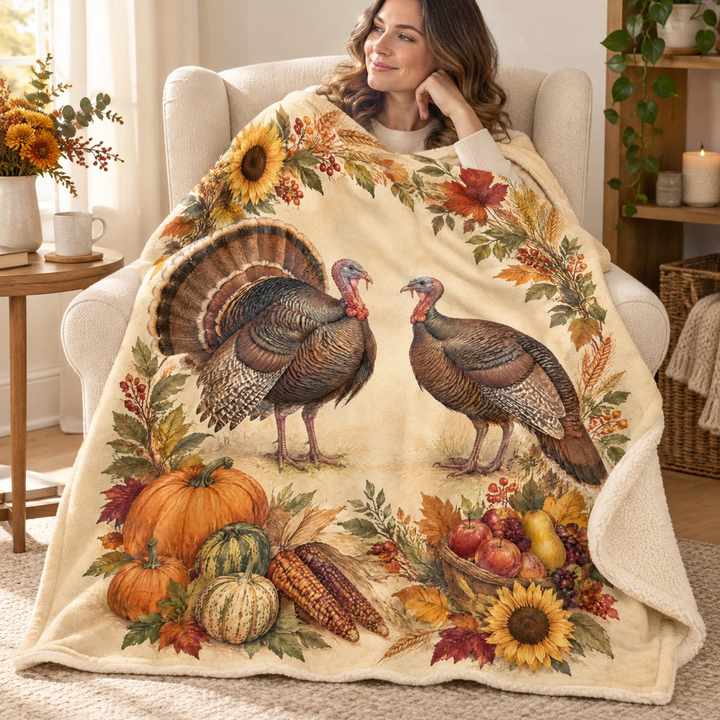 Two Turkeys Facing blanket, wrapped around a reader
