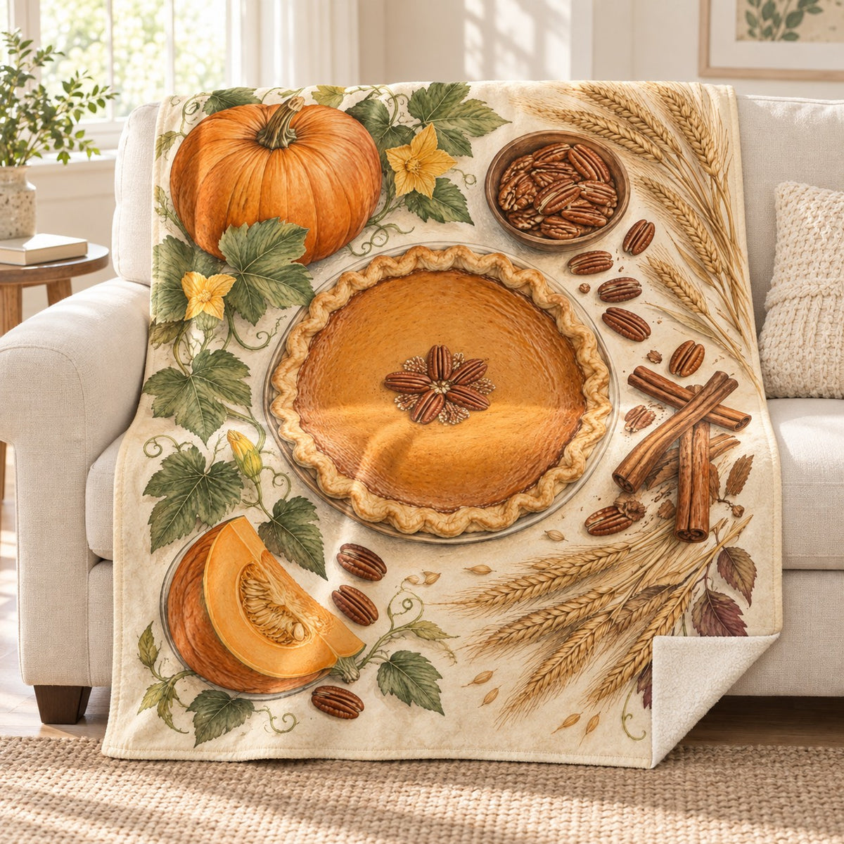 Pie and Its Ingredients blanket, on a sofa