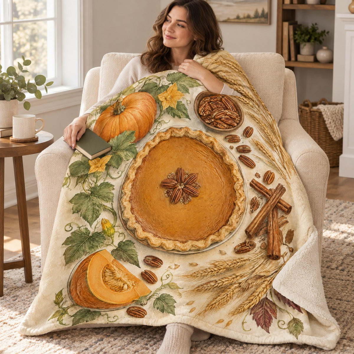 Pie and Its Ingredients blanket, wrapped around a reader