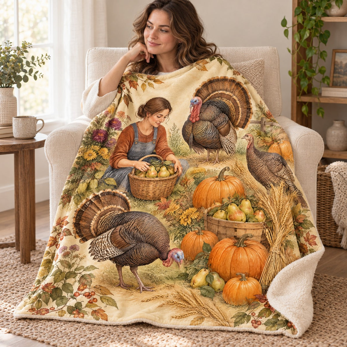 All-Over Turkey Garden blanket, wrapped around a reader