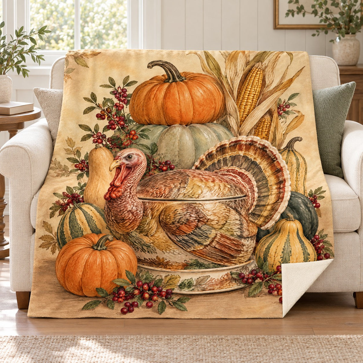 Ceramic Turkey Still Life blanket, on a sofa